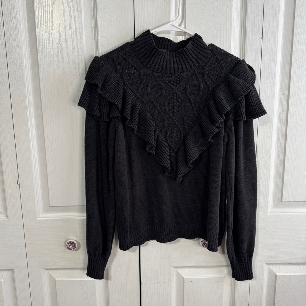 Black high‎ neck ruffle long sleeve sweater